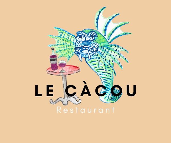 Logo du Càcou : un poisson-dragon dessiné à l'aquarelle, une table et un verre de vin